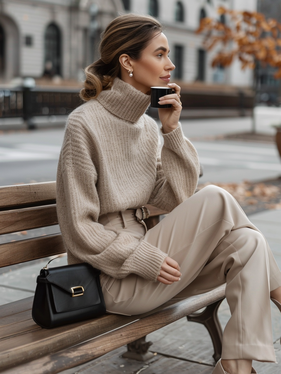 Woman in elegant neutral coffee date outfit 2026 wearing a soft beige cashmere turtleneck, matching tailored trousers, beige leather loafers, and carrying a black structured handbag while sitting on a wooden bench in a classic city setting