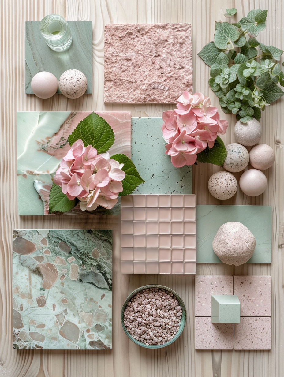 Chic mint and coral bathroom material mood board 2026 featuring coral pink tiles, mint green textured panels, pink marble, speckled stone spheres, matte ceramics, and fresh hydrangea arranged on light wood background in a sophisticated composition