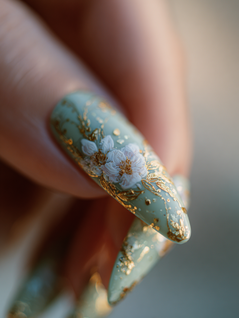 Macro close-up of a single sage green & gold floral nail featuring intricate white and gold flower motif, fine gold vines, delicate gold leaf accents, and sparkling botanical details