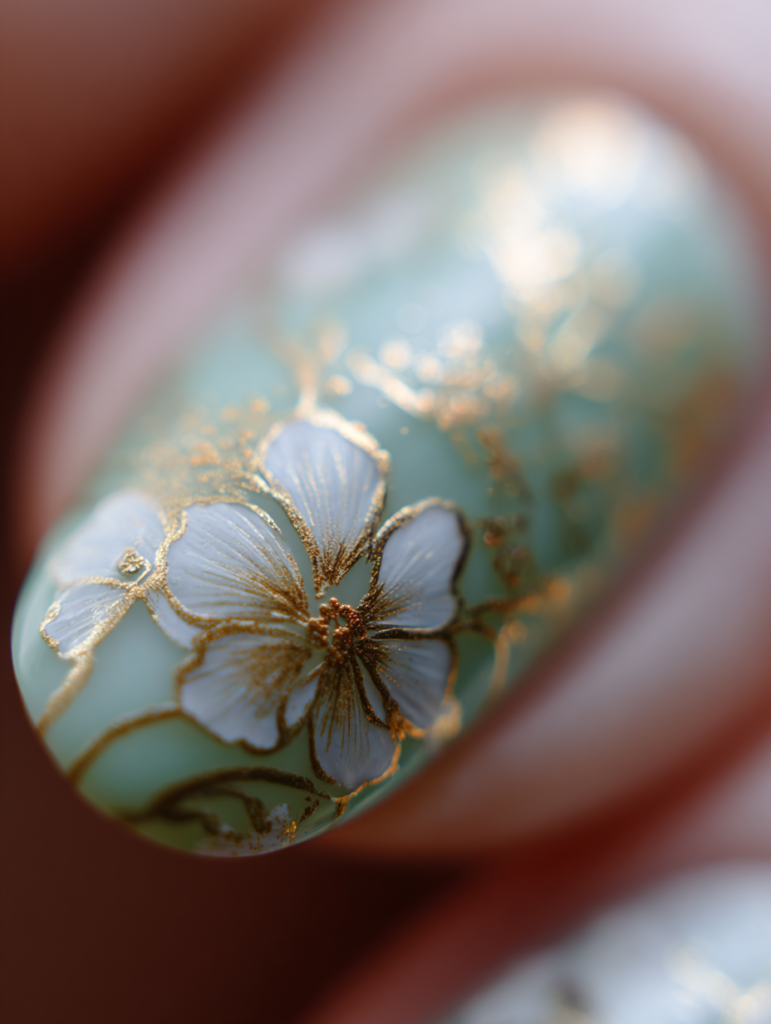 Full view of both hands showcasing sage green & gold floral nail art on long almond nails, featuring soft sage green and nude bases with white and gold flowers, delicate gold vines, and shimmering gold accents