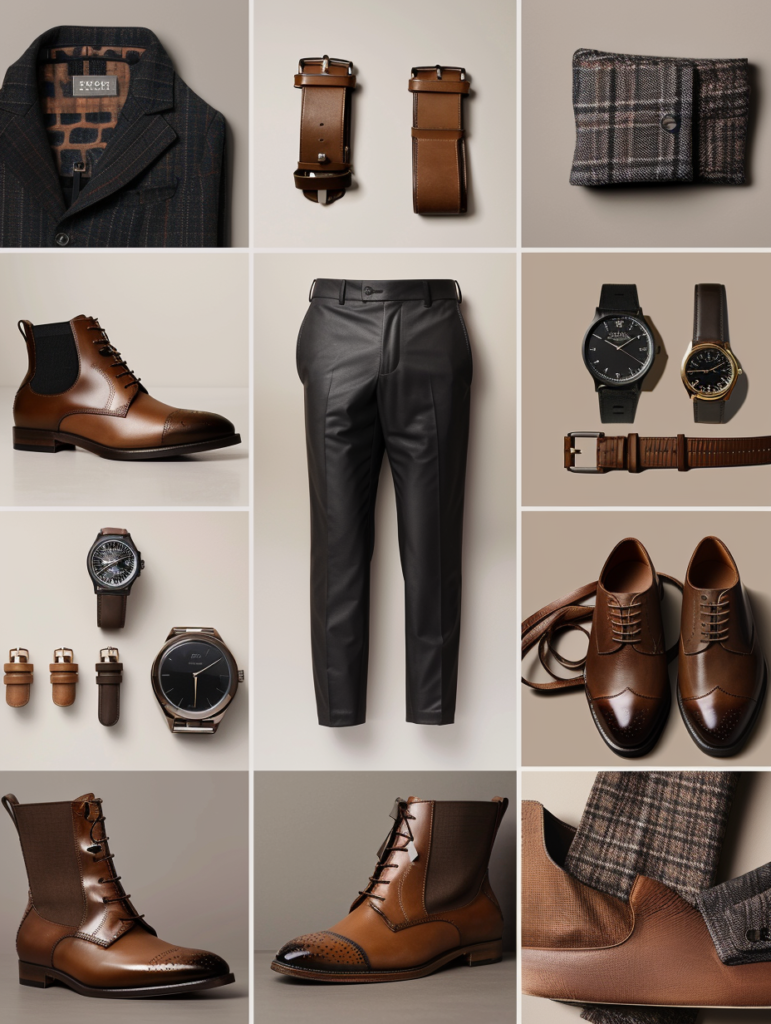 Lower section of timeless men’s neutral capsule wardrobe 2026 displaying black trousers with leather patch, brown leather Chelsea boots, derby boots, multiple leather-strap watches, coiled leather belts, and small leather goods