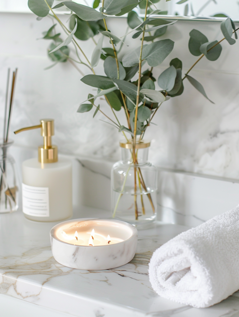 Elegant serene bathroom counter decor with warm marble countertop, brass faucet, lit CALM candle, fresh eucalyptus, woven basket with white towels, and floating wooden shelves with trailing plants in soft ambient lighting, quiet luxury aesthetic