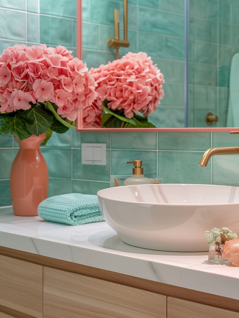 Modern bathroom with warm coral pink accent wall, mint green tiles, light wood vanity, pink marble elements, and fresh hydrangea creating a vibrant yet calming quiet luxury space