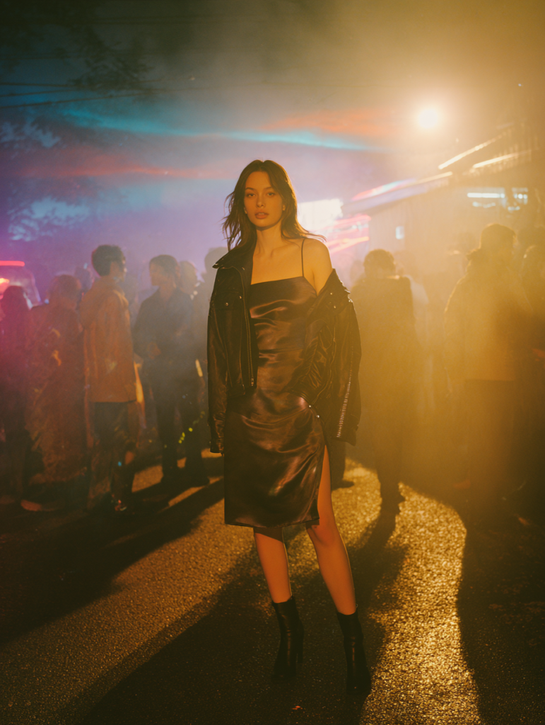 Woman in satin slip dress, black leather jacket, and boots at night concert with glowing lights