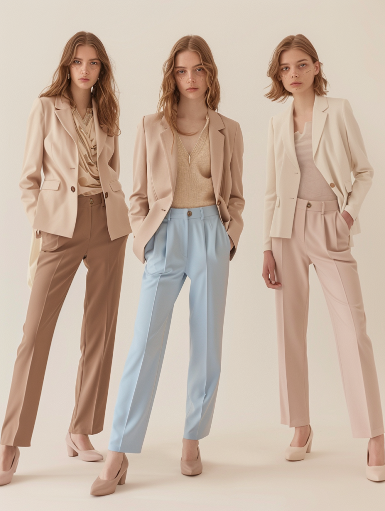 Fashion grid displaying beige and neutral spring office outfits including beige blazer with blue trousers, beige elegant suit, beige knit top with trousers, and beige blazer with pink trousers in a polished studio setting