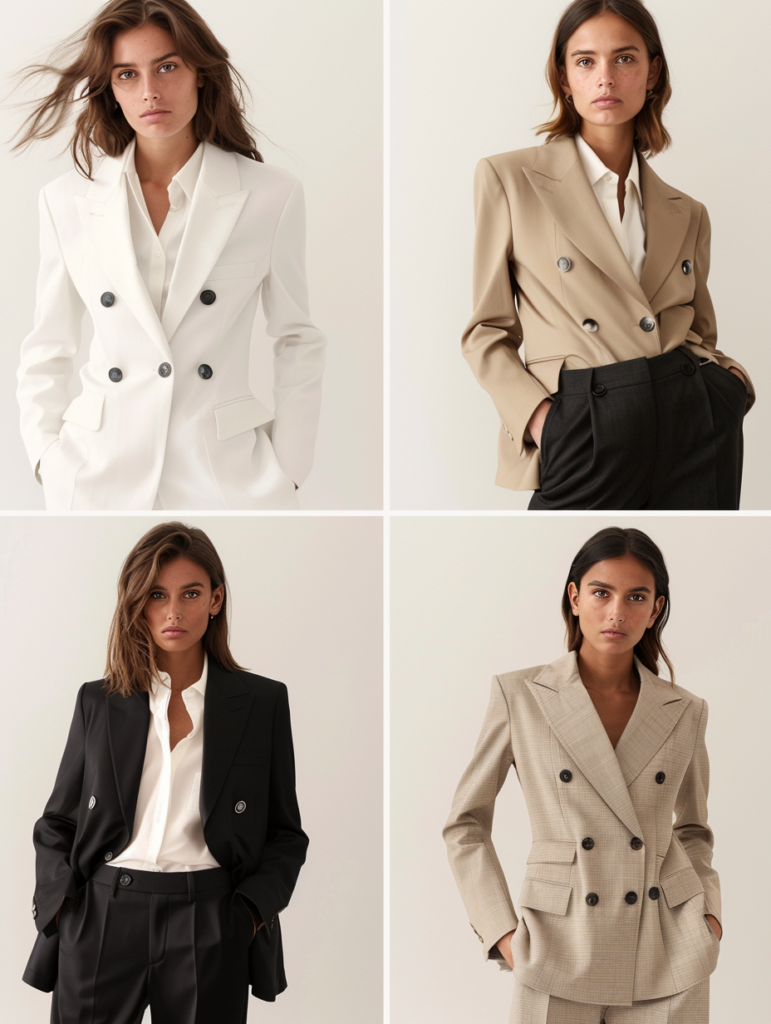 Fashion editorial grid presenting monochromatic and smart casual office outfits including beige tonal looks, navy and grey combinations, and elegant black dress styles