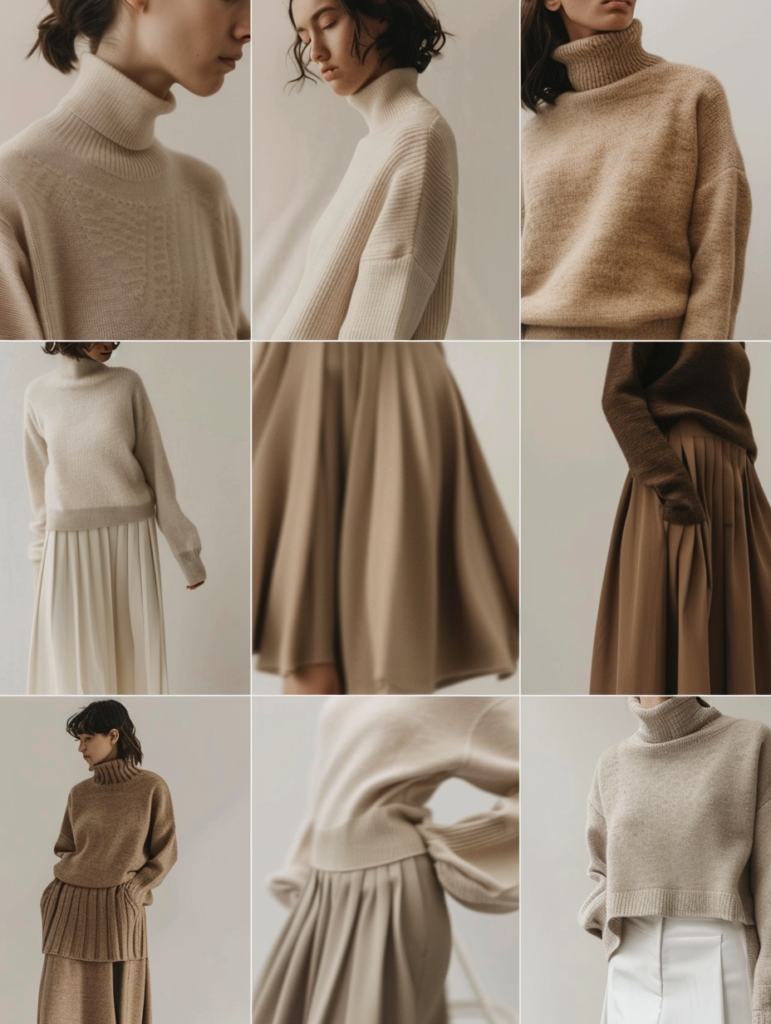 Faceless fashion grid showing wide-leg trousers paired with knit tops, blazers, and cardigans in beige, navy, gray and taupe tones, demonstrating sophisticated quiet luxury styling