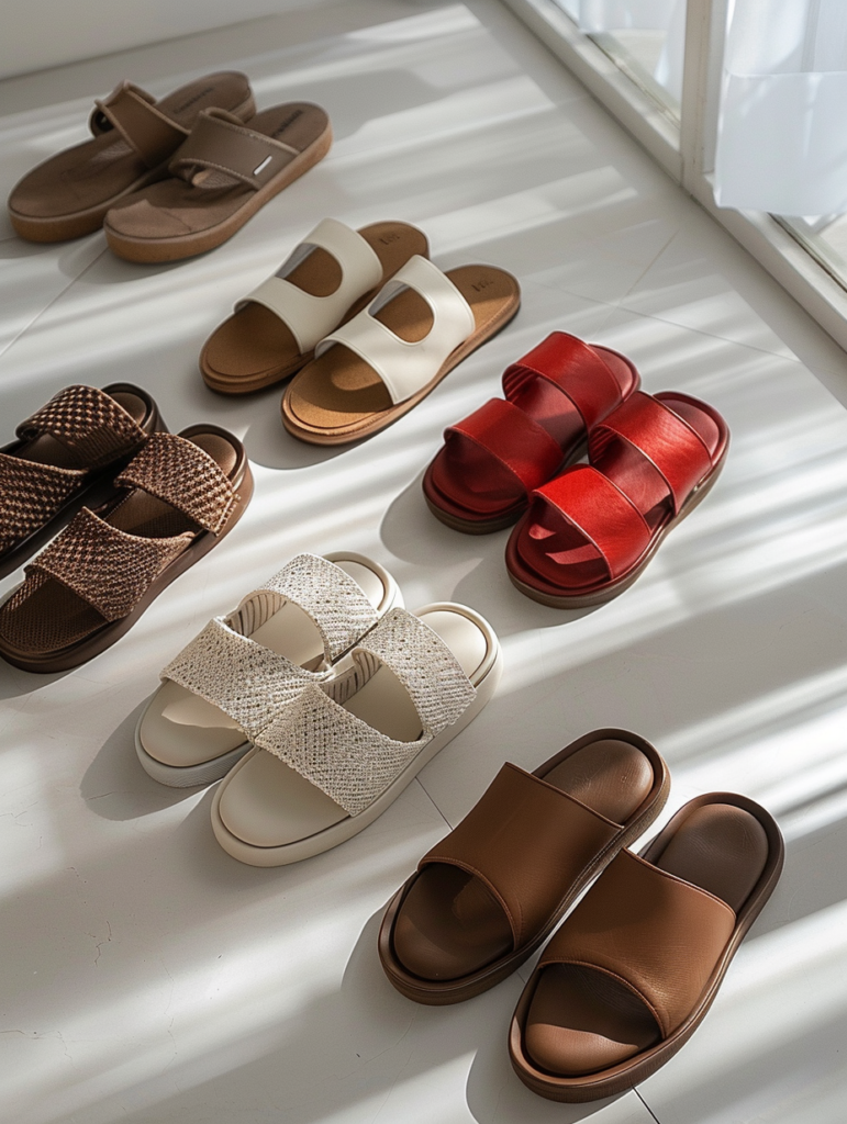 Fashion grid focusing on summer flats and casual shoes including ballet flats, red Mary Jane flats, woven mesh flats, white sneakers, Birkenstock sandals, and brown slide sandals arranged in a clean minimalist layout