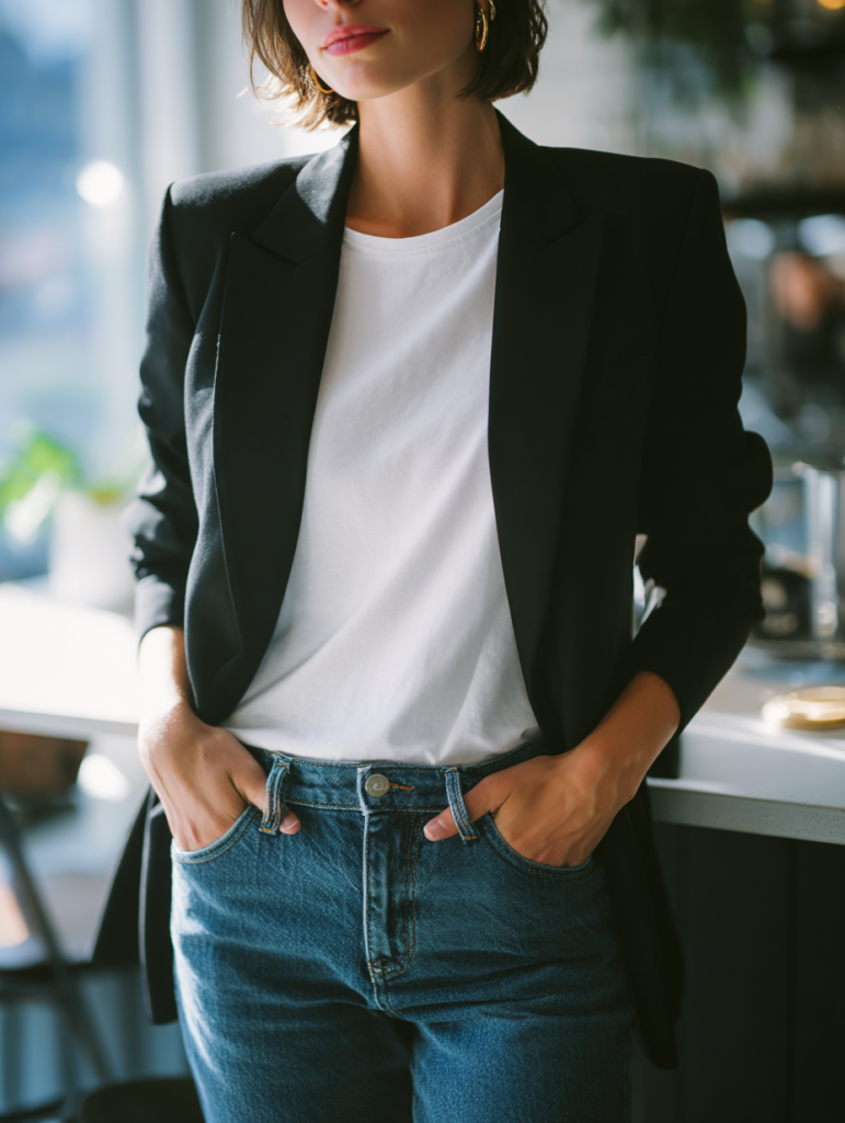 woman wearing black blazer white t shirt and jeans casual smart outfit