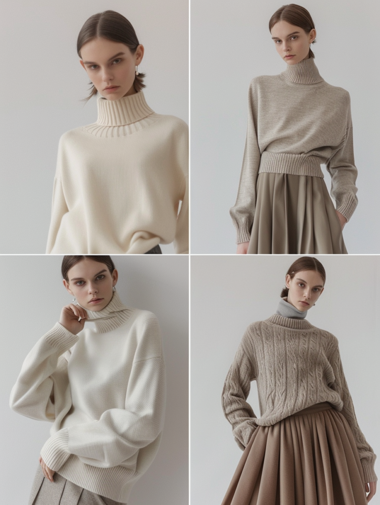 Fashion grid displaying neutral outfits with turtleneck sweaters paired with flowing midi skirts in beige, cream, gray, and taupe tones, showcasing quiet luxury styling with perfect tailoring