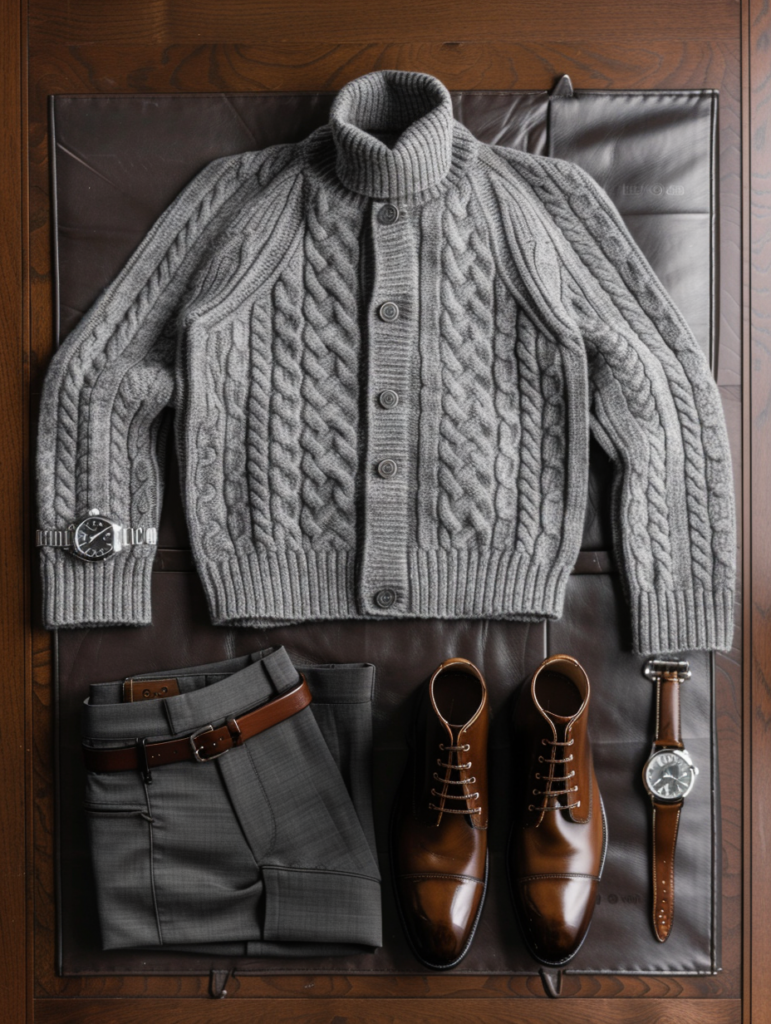 Detailed flat lay of luxury accessories for classic outfits including brown Chelsea boots, leather belts, multiple watches, and knit sweaters in a timeless Old Money aesthetic