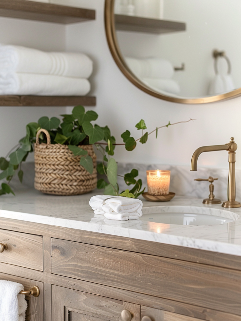 Close-up of serene bathroom counter decor details including brass soap dispenser, lit luxury candle, reed diffuser, fresh eucalyptus, and marble tray with elegant accessories in a minimalist quiet luxury style