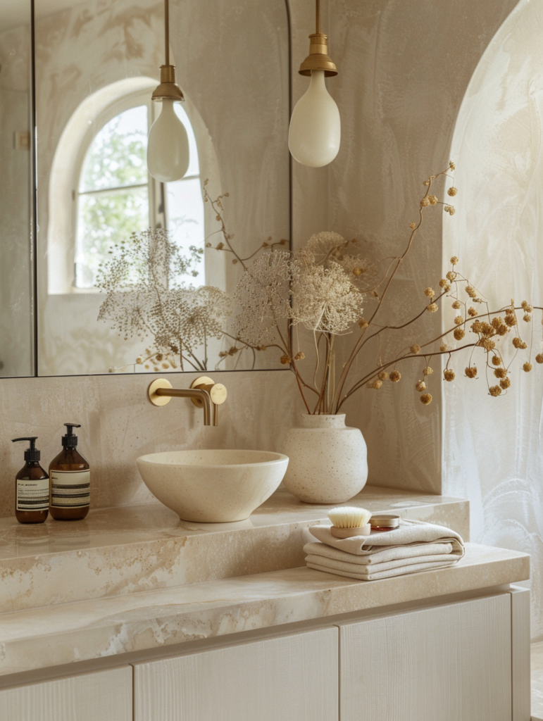Peaceful bathroom vanity in soft morning light with beige marble surfaces, white vessel sink, brass faucet, dried floral arrangement, and reed diffuser creating a fresh and calming quiet luxury space