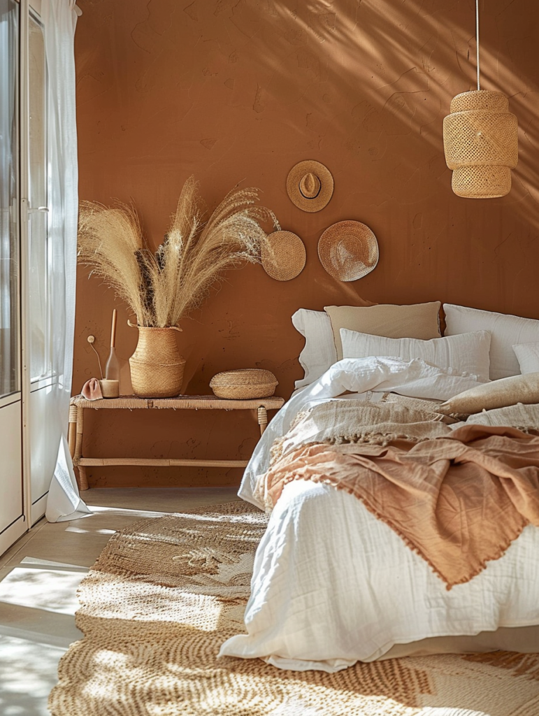 Peaceful terracotta bedroom bathed in soft morning light with warm terracotta wall, layered white and peach bedding, light oak nightstands, rattan bench, and natural pampas grass creating a warm and inviting atmosphere