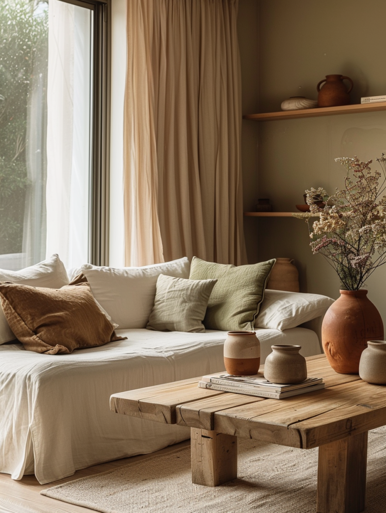 Serene Japandi living room featuring soft sage green accent wall, warm off-white walls, light oak furniture, linen sofa, and natural dried botanicals in a calm minimalist setting