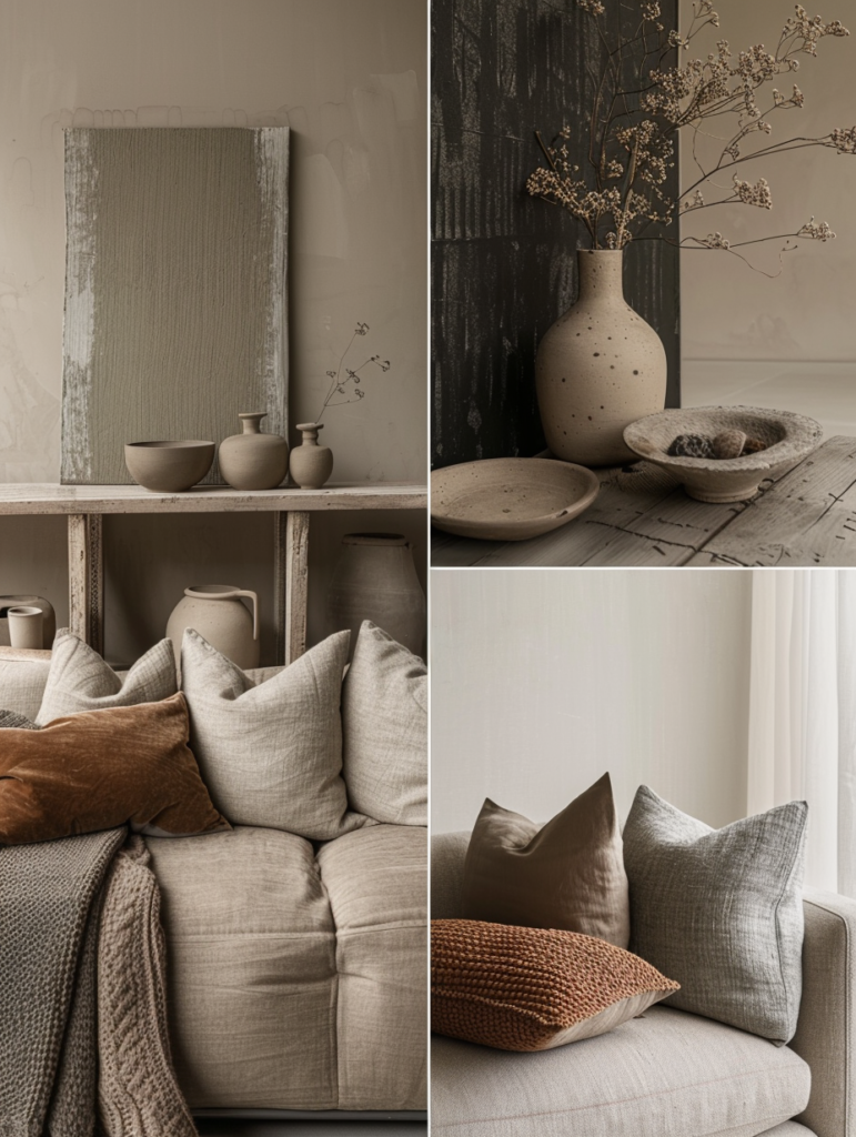Serene Japandi living room featuring beige walls, sage green accents, light oak furniture, terracotta woven textiles, black textured details, and natural eucalyptus in a calm minimalist setting