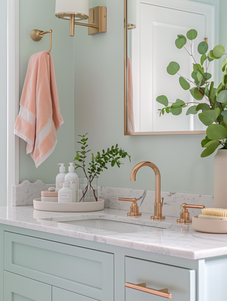 Serene modern bathroom featuring soft mint green textured walls, white marble vanity, brass hardware, and fresh greenery creating a calm spa-like atmosphere with chic coral accents