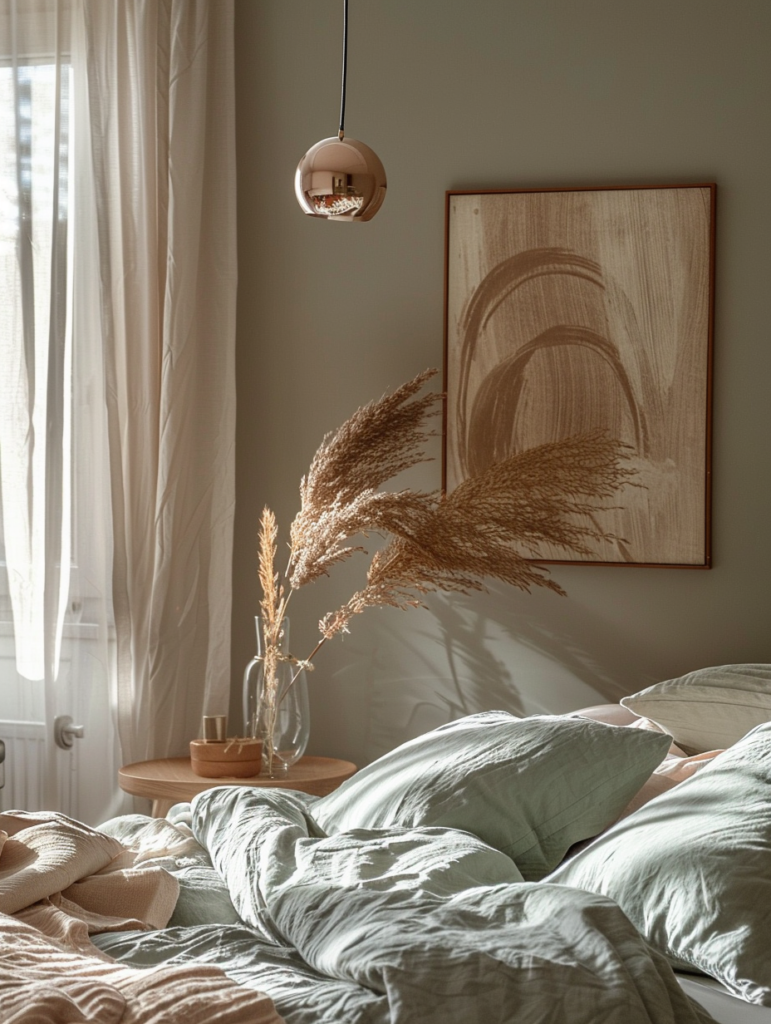 Serene bedroom designed with warm terracotta brown accent wall, sage green bedding, peach accents, light oak nightstand, and dried pampas grass creating a calm and cocooning quiet luxury atmosphere