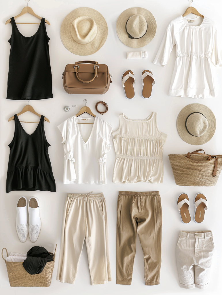 Upper row of effortless neutral capsule wardrobe 2026 showing white button-down with blue jeans and woven tote, beige ribbed tank with white wide-leg trousers and brown sandals, and black short-sleeve tee with beige paperbag shorts and white sneakers