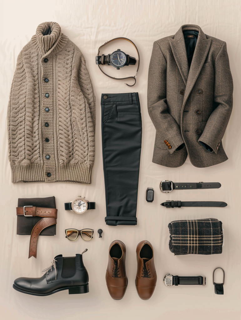 Full overview of timeless men’s neutral capsule wardrobe 2026 in earthy tones, showing all key pieces including cable-knit turtlenecks, ribbed cardigans, plaid blazers, black trousers, brown leather boots, watches, and leather belts arranged neatly on warm beige background