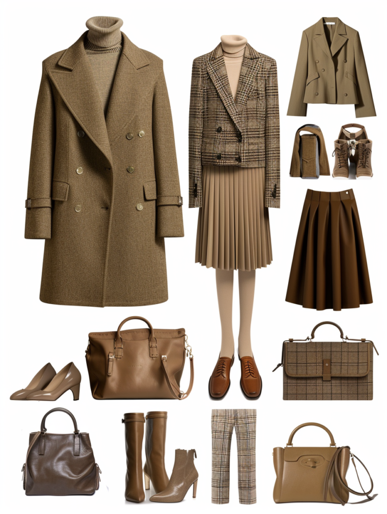 Full overview of timeless neutral wardrobe 2026 in earthy tones, showing complete capsule with turtlenecks, plaid blazers, leather trenches, pleated skirts, wide-leg trousers, chunky knits, and leather accessories arranged in a clean grid