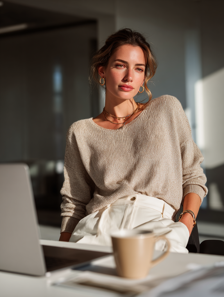 Woman in smart casual beige knit top and trousers working in modern coworking office space