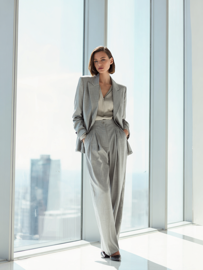 woman wearing grey blazer and trousers suit modern office outfit
