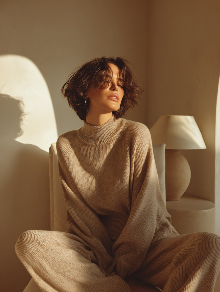 woman wearing beige knit set matching top and trousers minimalist outfit