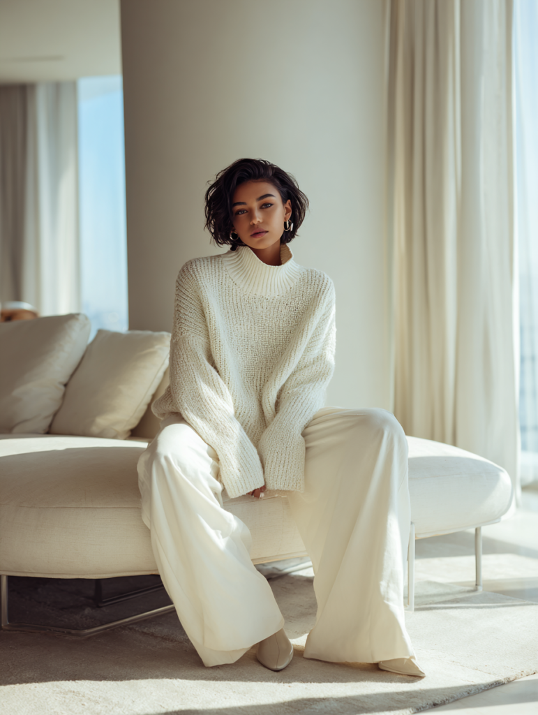 woman wearing white knit sweater and wide leg trousers cozy minimalist outfit