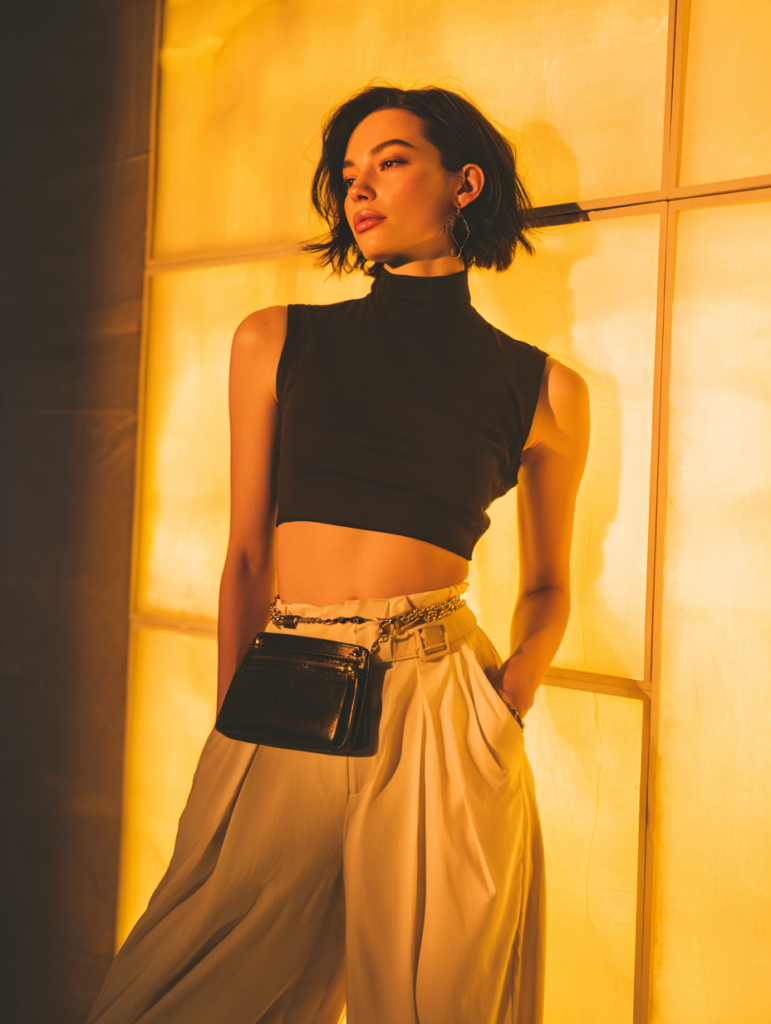 Woman wearing crop top and wide-leg trousers with belt bag at night concert