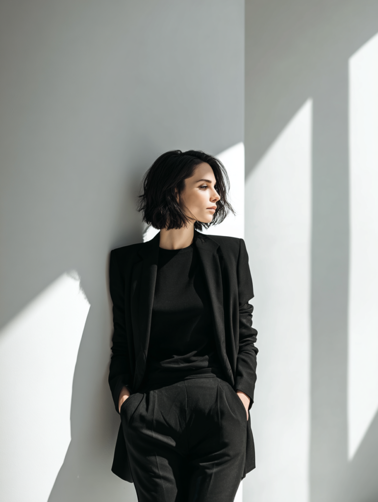 Woman wearing all black monochrome office outfit in modern minimalist workspace