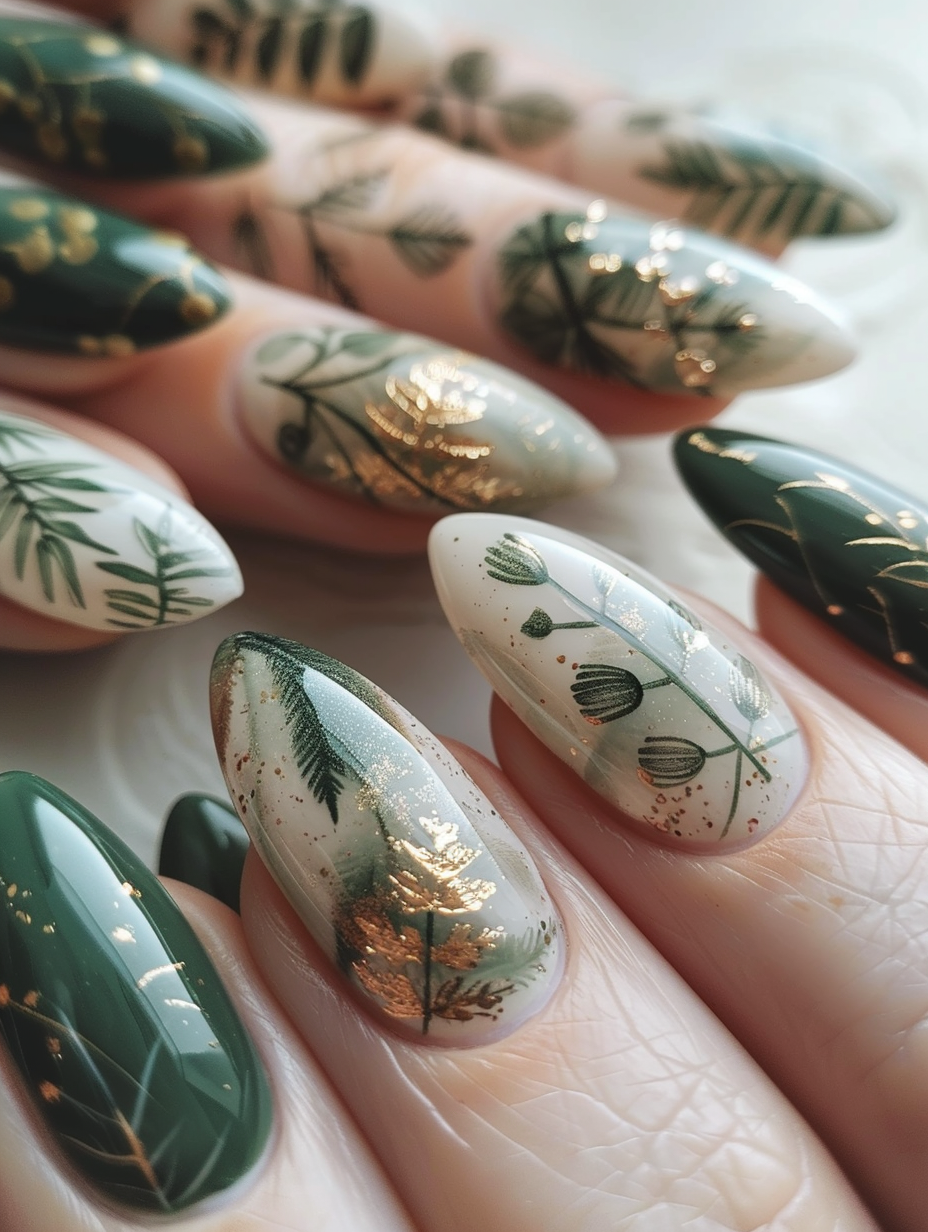 Moody artistic close-up of sage green and gold botanical nail art with rich sage green polish, intricate gold leaf vines, and delicate botanical details on long almond nails