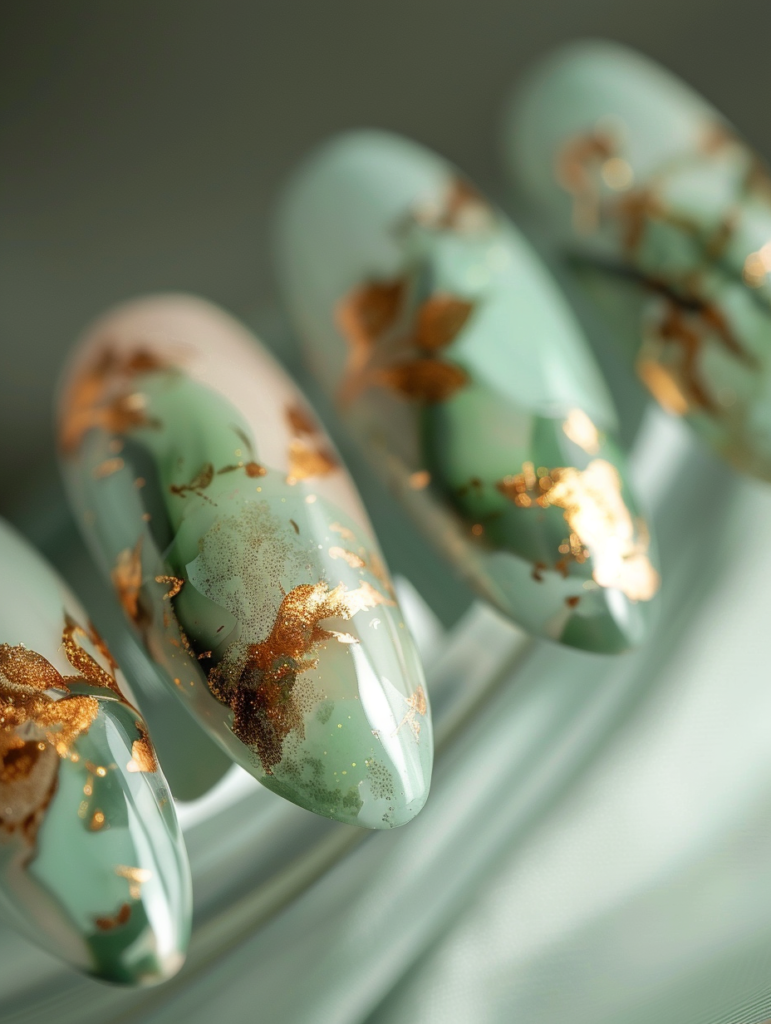 Sophisticated sage green and gold botanical nail art on long almond nails with soft nude base, intricate gold leaf vines and leaves, delicate crystal detail, and rich sage green accents in a quiet luxury style