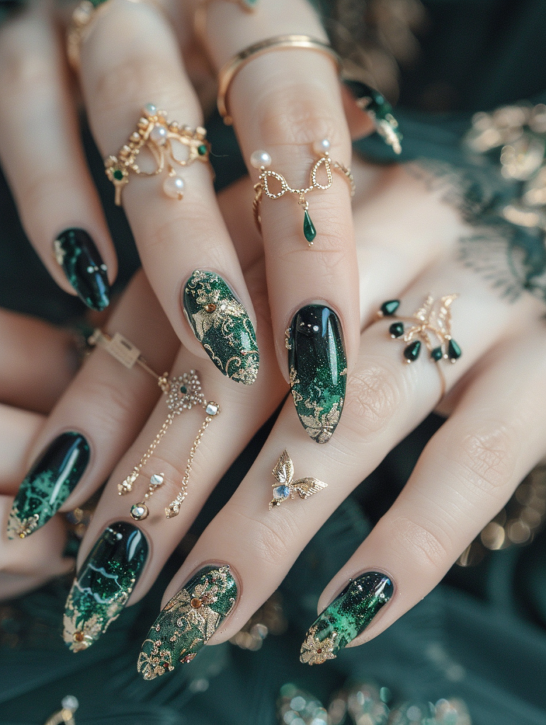 Lifestyle beauty shot of hands wearing emerald green & gold Victorian floral press-on nails paired with elegant gold jewelry, soft natural lighting highlighting the intricate nail art and refined details