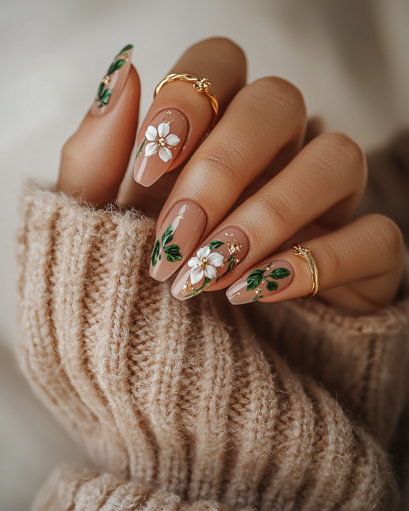 Woman’s hands with botanical green and white floral nail art styled with camel cashmere sweater and delicate gold jewelry, showing refined coordination between sculptural manicure and quiet luxury neutral wardrobe