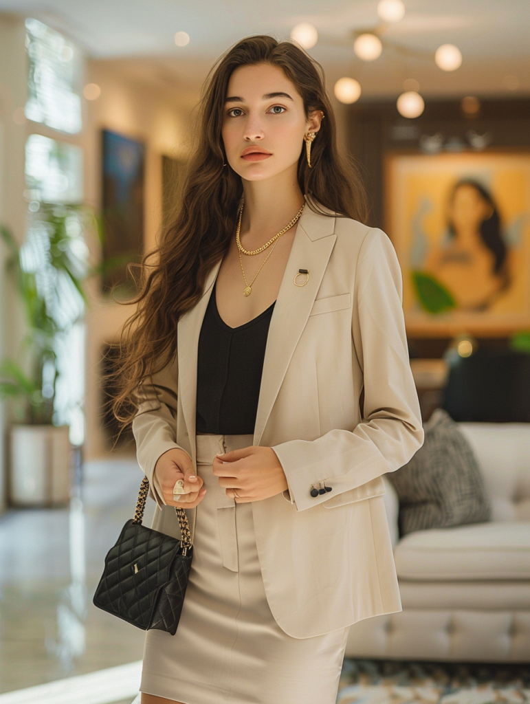 Woman in beige power suit standing in a modern elegant interior, wearing tailored beige blazer and mini skirt with black camisole and gold jewelry, exuding confidence and quiet luxury