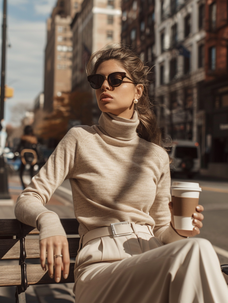 Lifestyle shot of a woman in elegant neutral coffee date outfit 2026 sitting outdoors on a city bench with coffee in hand, wearing a beige turtleneck sweater and wide-leg trousers with pearl earrings and black sunglasses