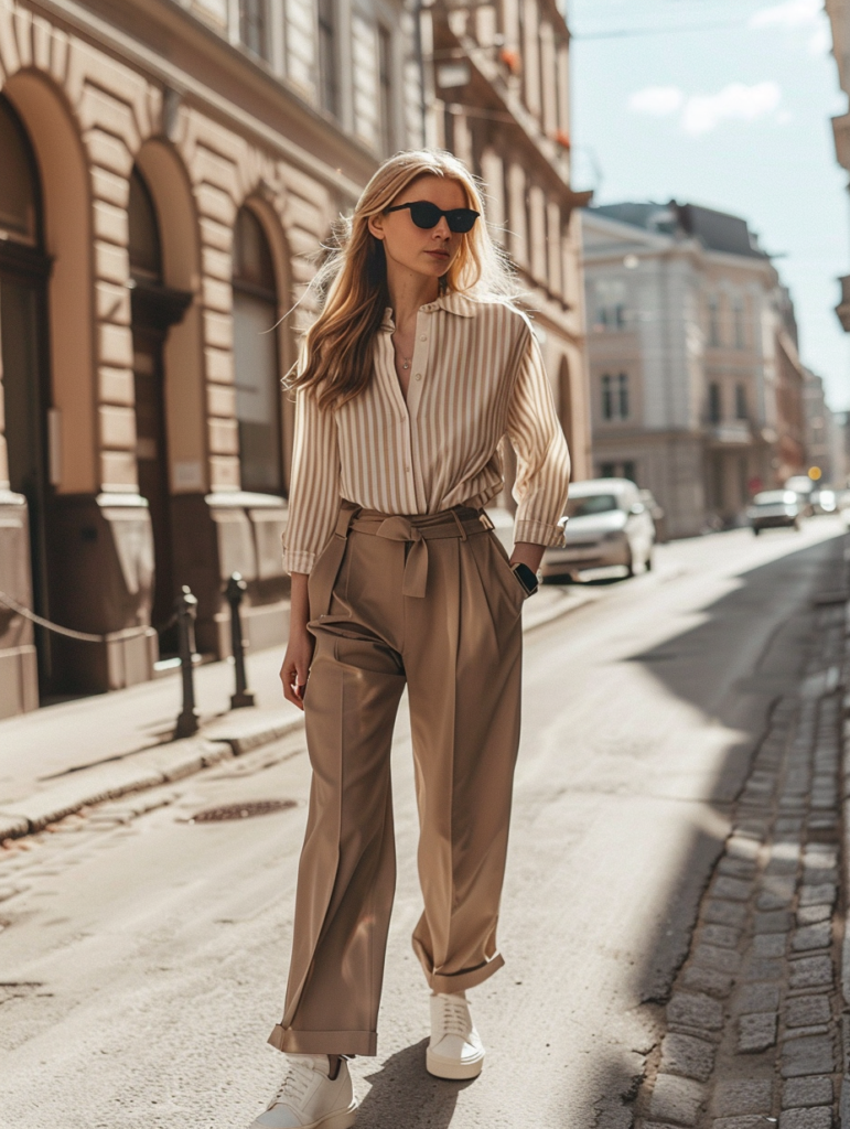 Lifestyle street style shot of a woman in minimal spring outfit 2026 on a sunny European street, wearing a beige striped shirt, brown wide-leg trousers, white sneakers, and black sunglasses with natural movement and elegant posture