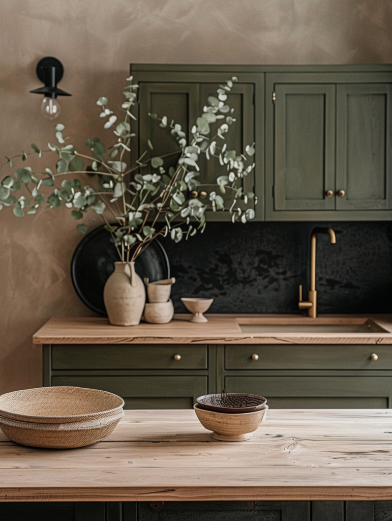 Sophisticated Japandi kitchen detail showing sage green cabinetry, beige walls, light wood surfaces, terracotta woven elements, black textured accents, and matte ceramics with fresh eucalyptus