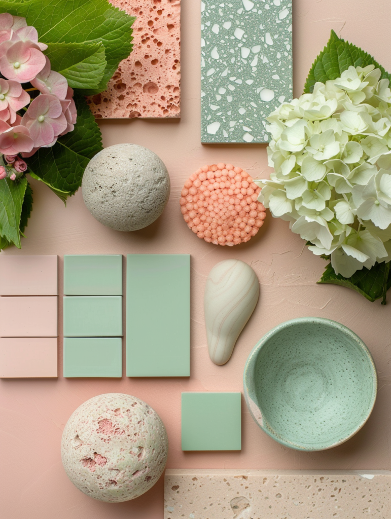 Close-up of chic mint and coral bathroom materials including coral pink tile, mint green textured surface, pink marble swatch, speckled spheres, matte ceramic bowl, and fresh greenery