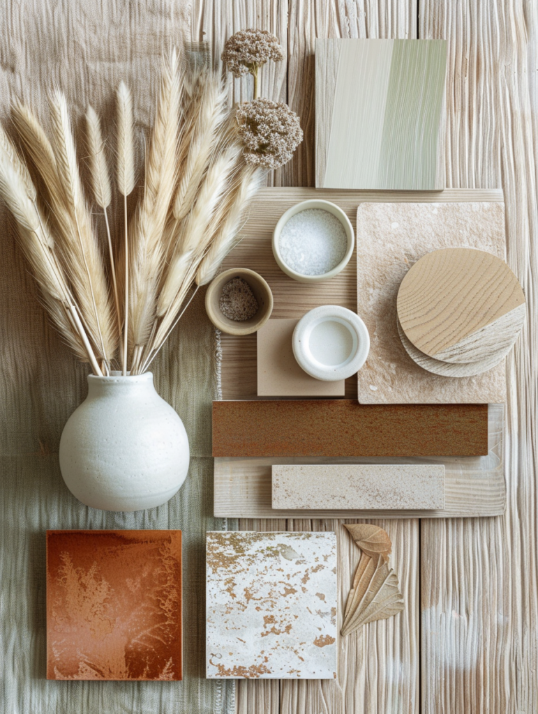 Close-up detail of the timeless color palette 2026 showing warm terracotta brown, sage green, soft beige, and creamy neutrals with light wood texture, dried pampas grass, and ceramic elements