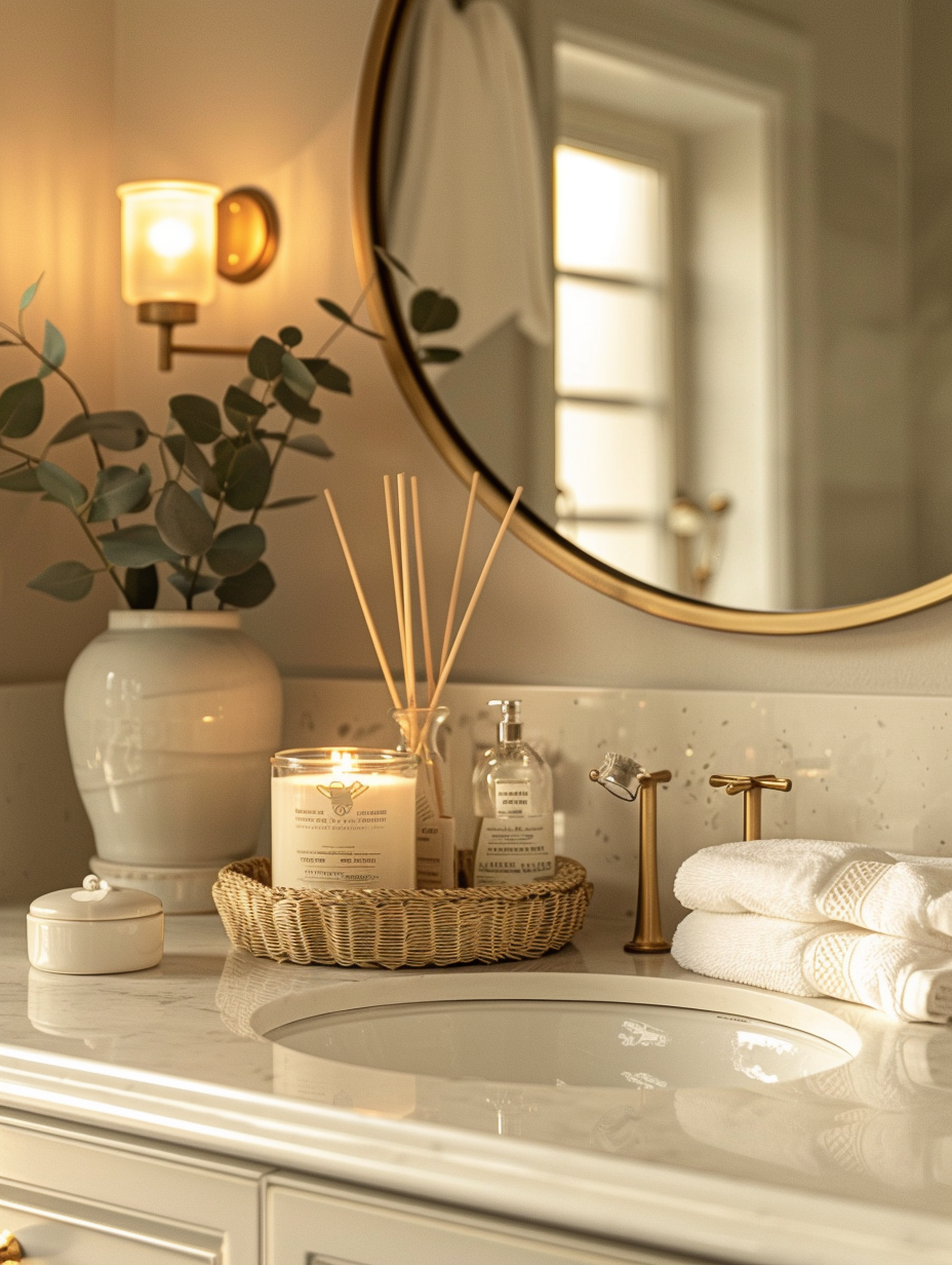 Serene bathroom counter in soft natural morning light with marble vanity, brass hardware, fresh greenery, white towels, and elegant accessories creating a peaceful and luxurious atmosphere