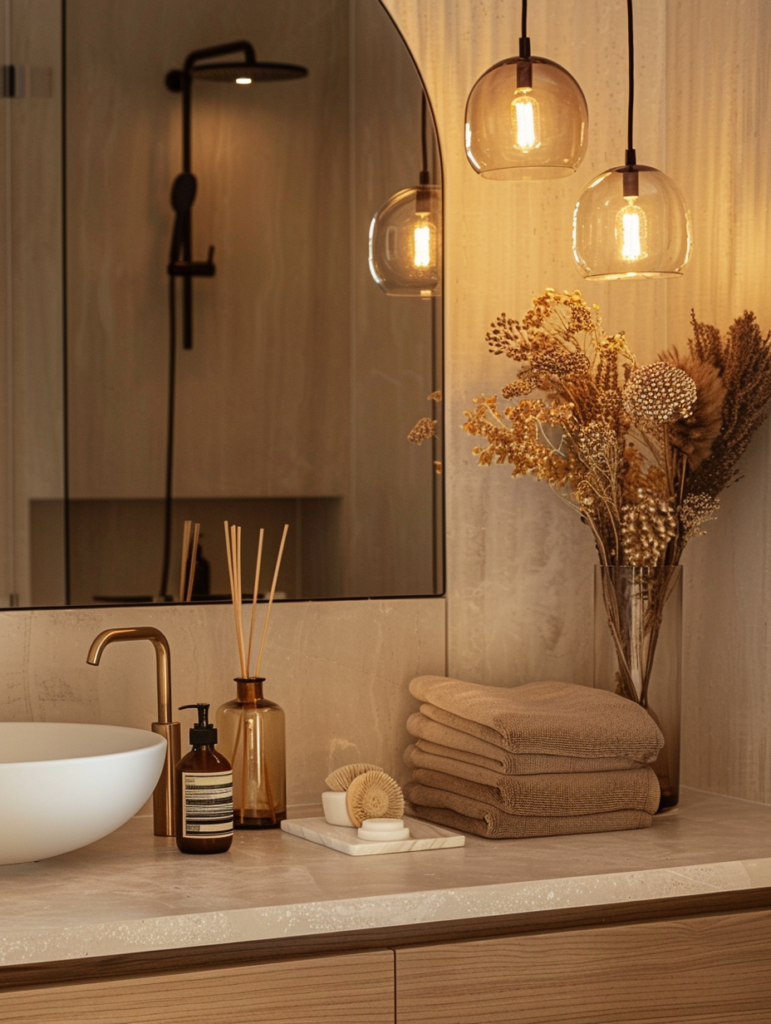 Sophisticated bathroom vanity in warm evening lighting with beige marble, white vessel sink, brass hardware, glowing pendant lights, and dried flowers creating an intimate and luxurious atmosphere