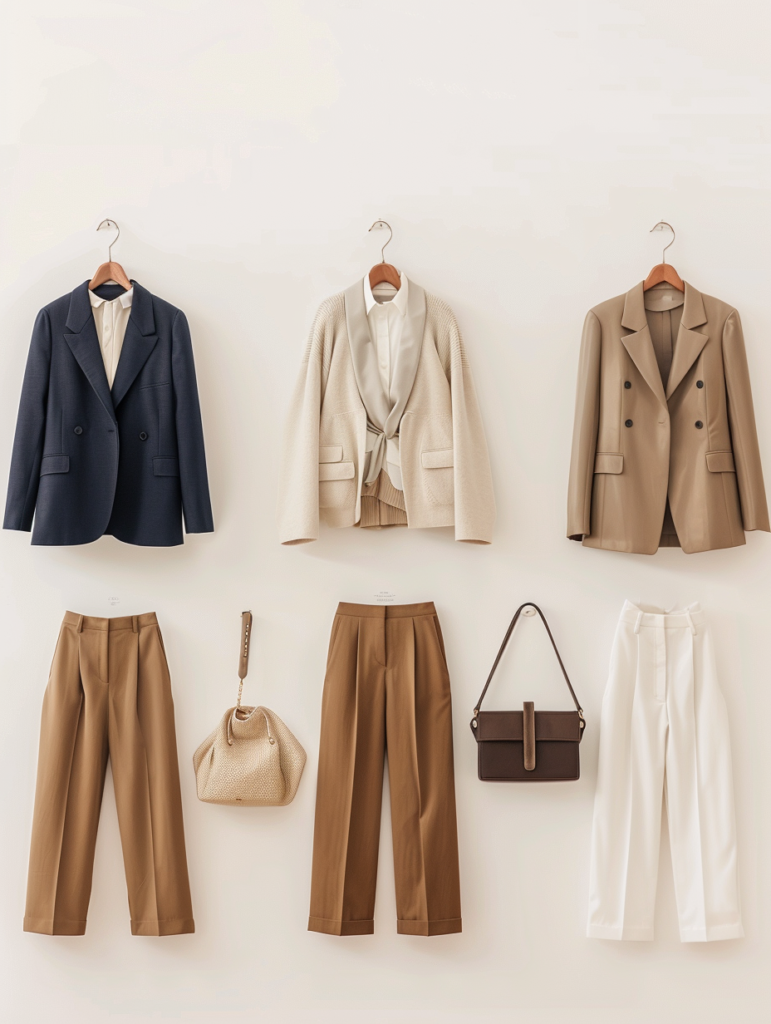 Fashion grid showing the first three days of a 5-day work outfit challenge: Monday power look with white shirt and beige trousers, Tuesday elegant black shirt with beige skirt, Wednesday smart beige sweater with white trousers