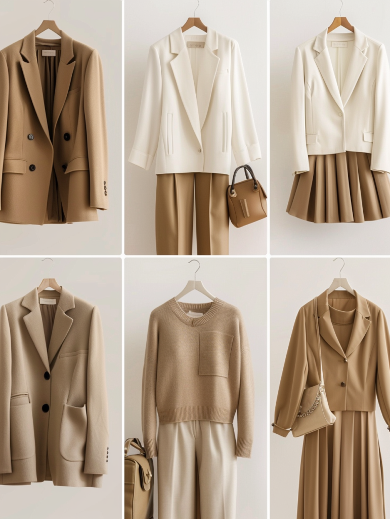 Fashion grid displaying Thursday boss lady look with black blazer and beige trousers, and Friday effortless beige blazer with black trousers from the 5-day work outfit challenge