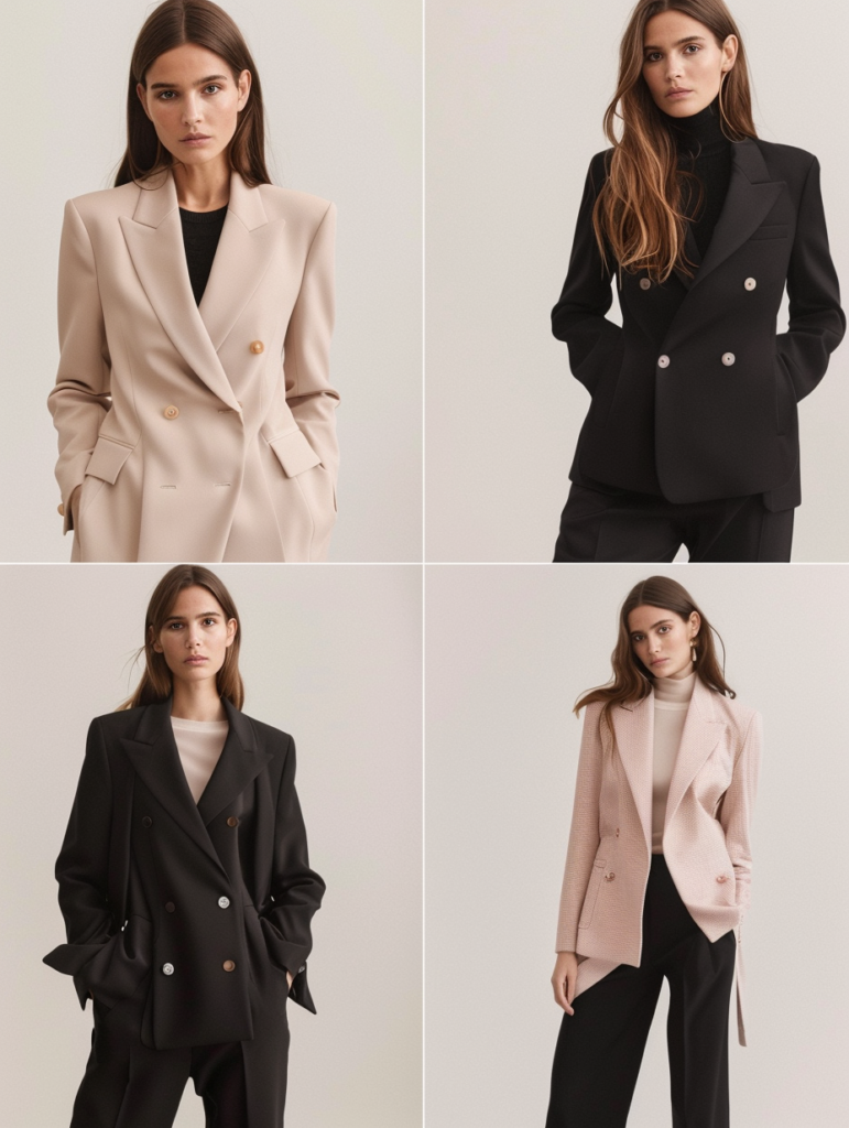 Fashion editorial grid presenting blazer-focused spring office outfits including beige blazer looks, black blazer with trousers, pink blazer with black trousers, and grey power suit in a refined studio setting
