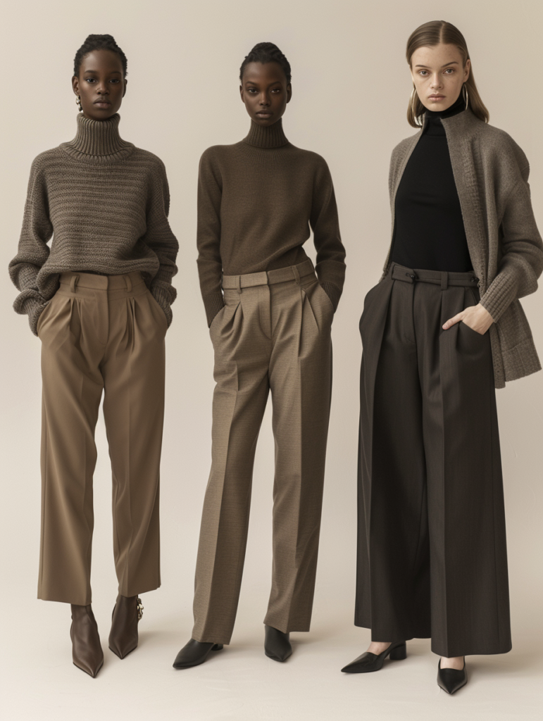 Fashion grid displaying classic corporate and power suit office outfits including white button-down with black trousers, beige elegant suit, grey power suit, and black blazer looks in a polished studio setting