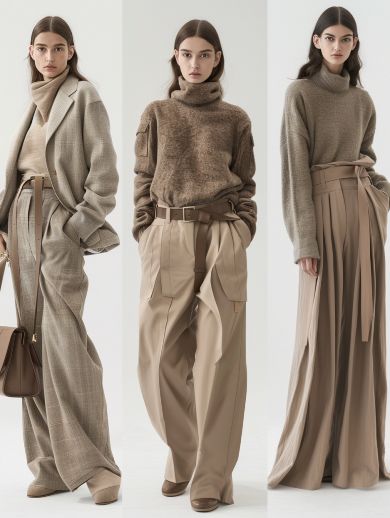 Fashion editorial grid presenting monochromatic and tonal neutral outfits in beige, taupe, gray and off-white combinations with cashmere knits and tailored trousers in a refined studio setting