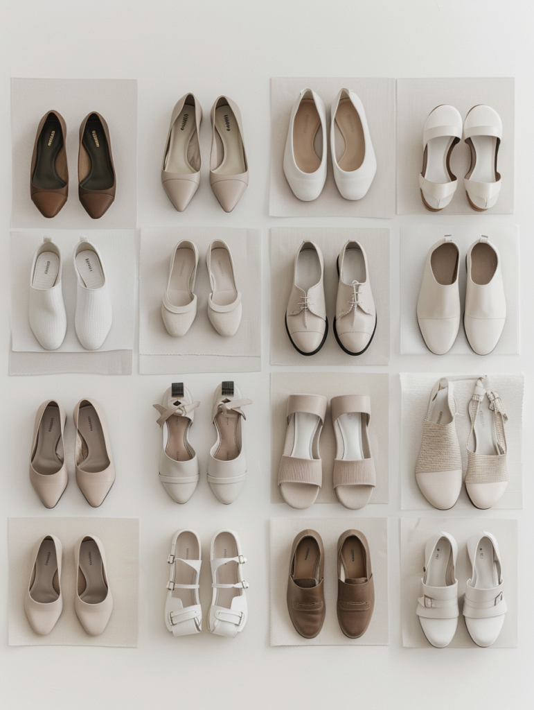Full overview of a minimal summer shoes capsule wardrobe 2026 showing all essential pairs including flats, sneakers, sandals, heels, and loafers in neutral and versatile styles arranged in a clean editorial grid