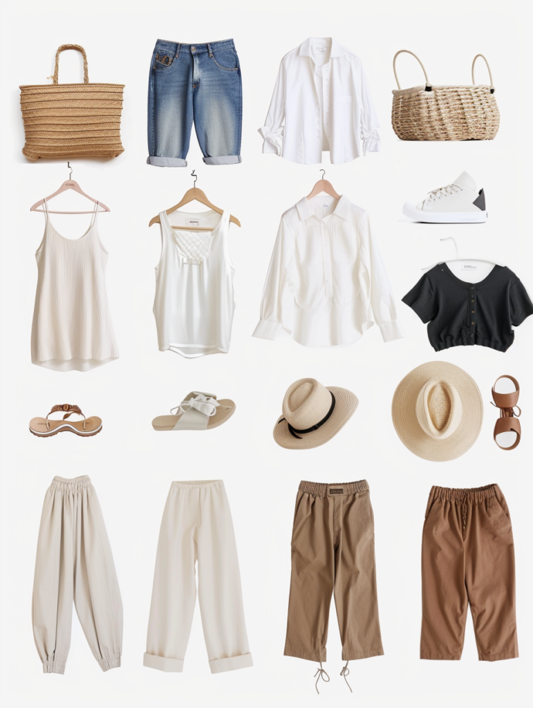 Full overview of effortless neutral capsule wardrobe 2026 showing all 12 timeless everyday outfits with white shirts, beige tanks, black tees, knit sweaters, wide-leg trousers, satin dresses, woven bags, brown sandals, white sneakers, and gold jewelry arranged in a clean grid on white background